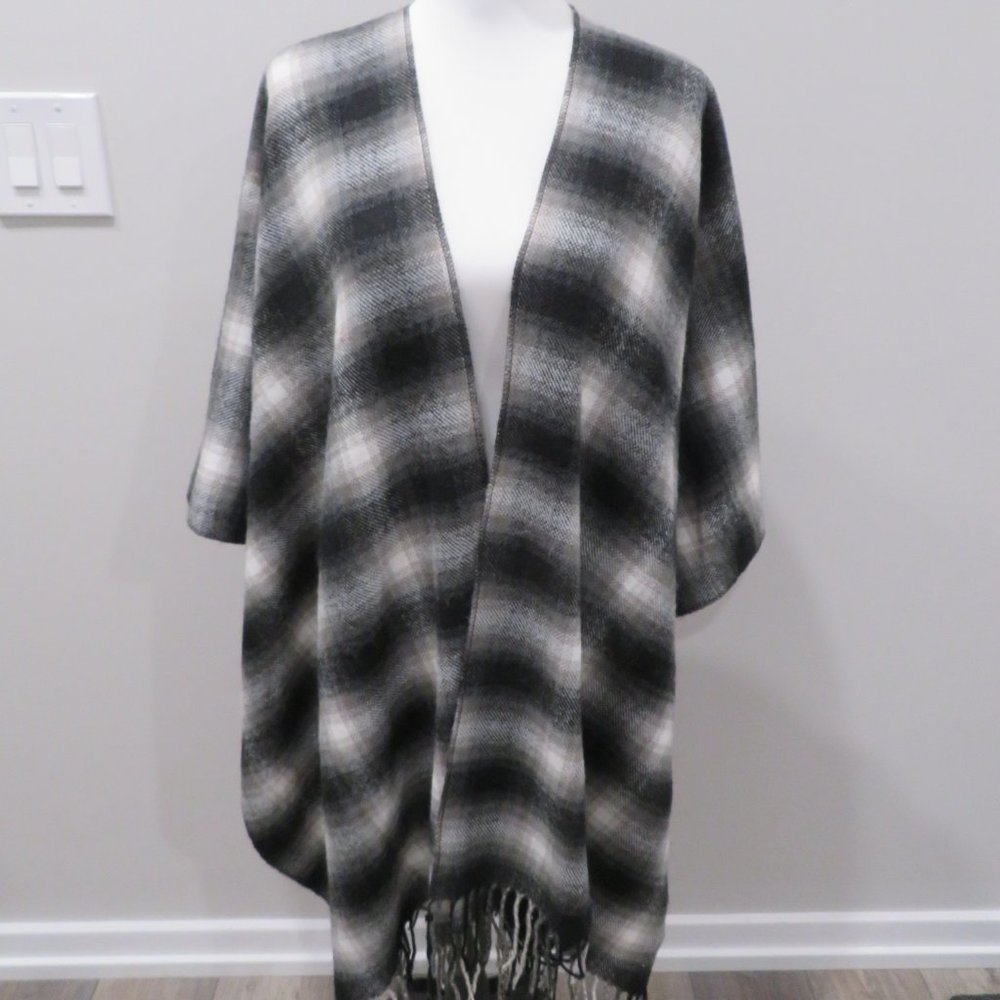 Renee C Black and White Plaid Fleece Poncho